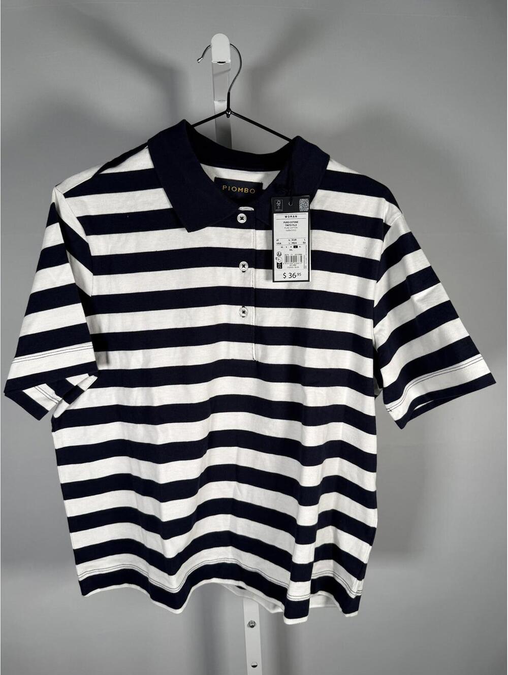 NWT Piombo White Blue Striped Polo Shirt Women's Size Large - Picture 4 of 10
